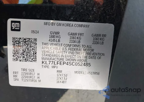 2025 Chevrolet Trax Fwd Ls z USA, uszkodzony, nr VIN KL77LFEP4SC052485
